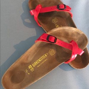 Red strappy Birkenstocks